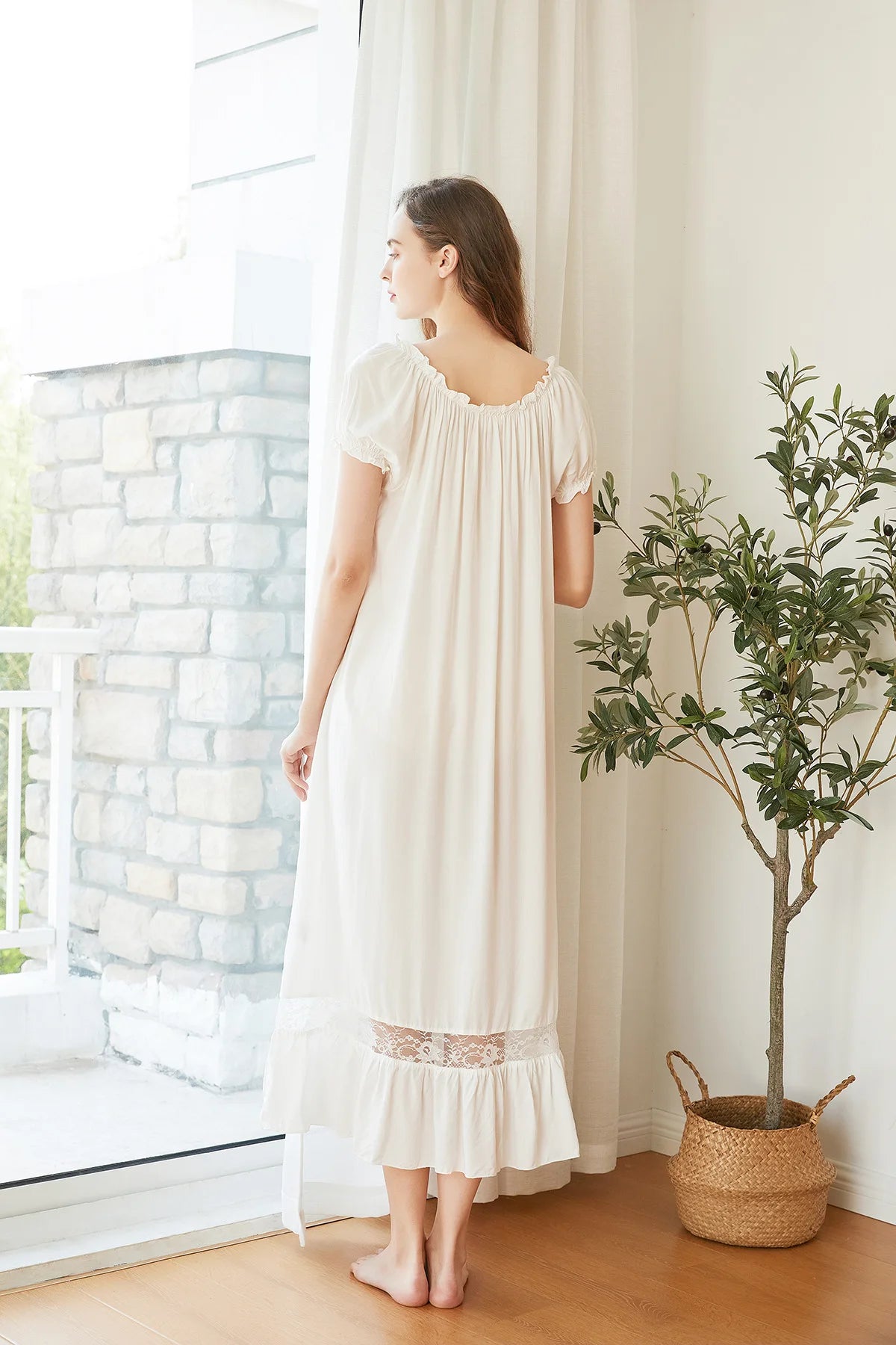 Women's Long White Pink Nightgown, Short Sleeve, Lounge Nightdress, Elegant, Vintage, Loose Sleepwear, Nightwear Gown, Summer