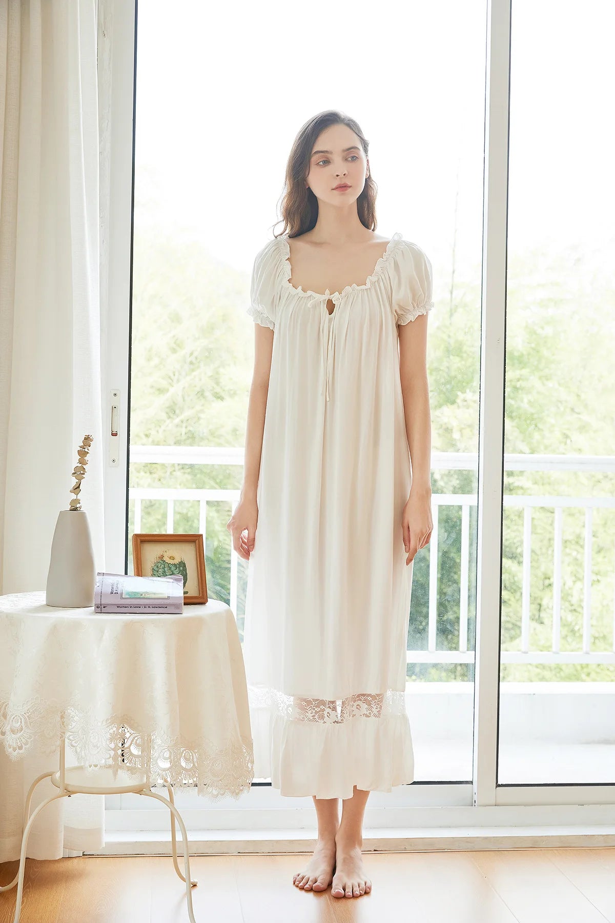 Women's Long White Pink Nightgown, Short Sleeve, Lounge Nightdress, Elegant, Vintage, Loose Sleepwear, Nightwear Gown, Summer