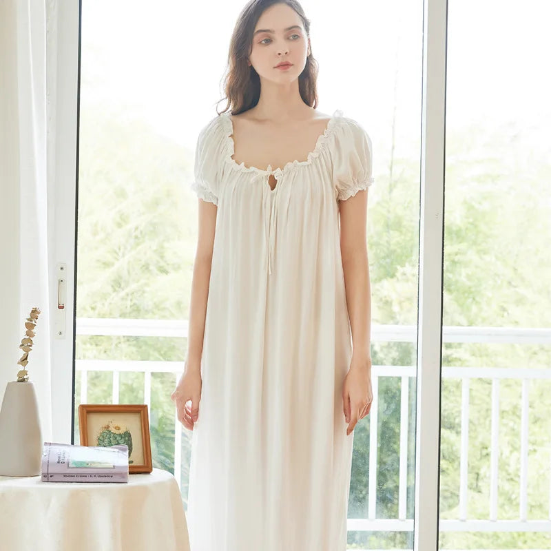 Women's Long White Pink Nightgown, Short Sleeve, Lounge Nightdress, Elegant, Vintage, Loose Sleepwear, Nightwear Gown, Summer