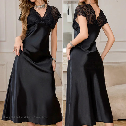Elegant Long Nightgown Home Clothing New Female Sleepwear Nighty Sexy Perspective Lace Nightdress Satin Loungewear Lingerie