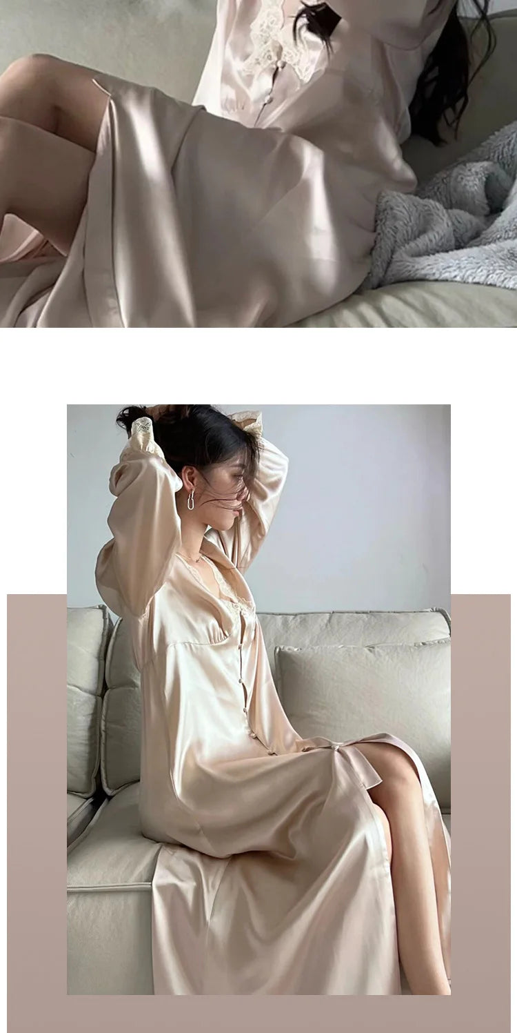 New Female Long Nightgown Sexy V-Neck Lace Trim Sleepwear Nightdress Palace Style Princess Nightwear Loose Silk Satin Home Dress