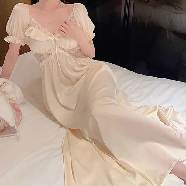 New Female Long Nightgown Sexy V-Neck Lace Trim Sleepwear Nightdress Palace Style Princess Nightwear Loose Silk Satin Home Dress