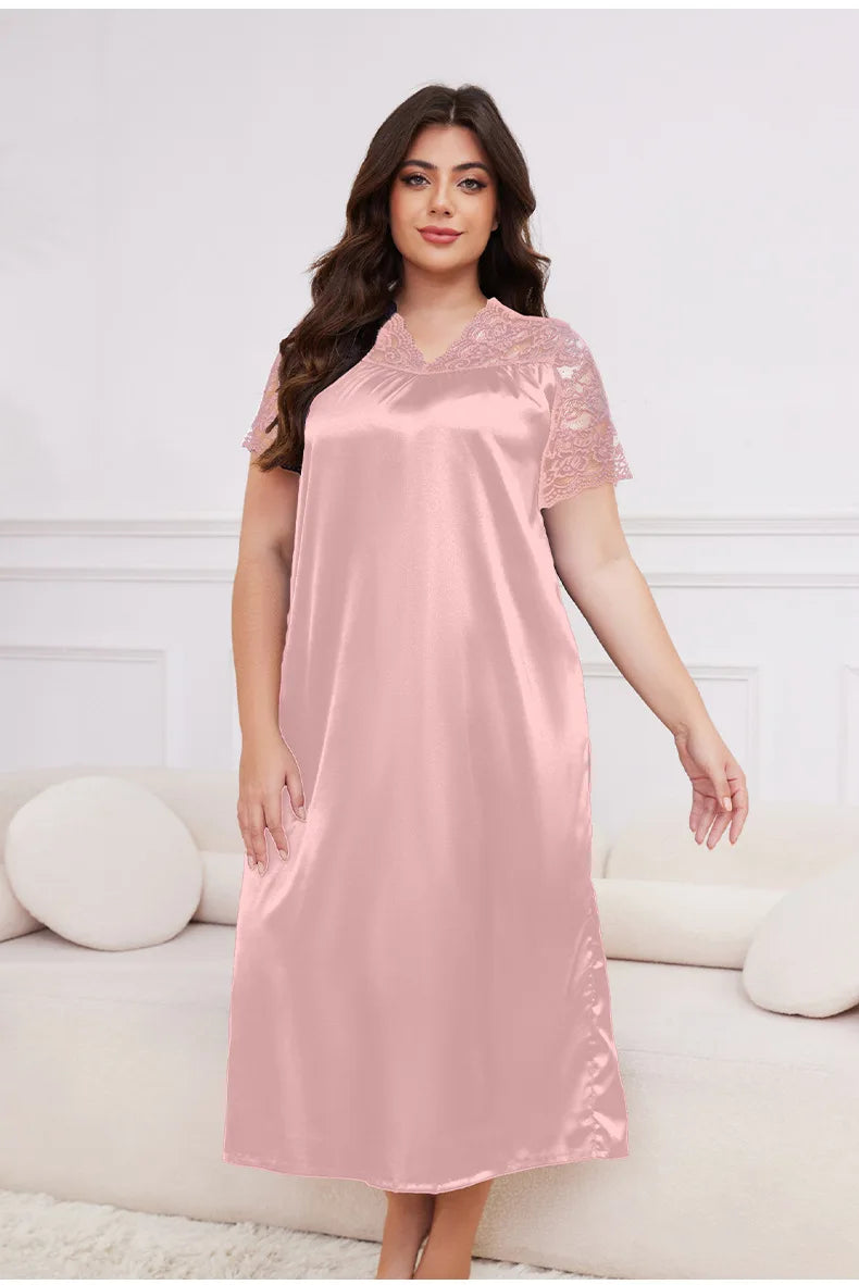 2025 New Nightgown Women Leisure Homewear Sexy Lace Splicing Sleeve Nightdress Long Sleepwear Soft Satin Loungewear Big Size 5Xl