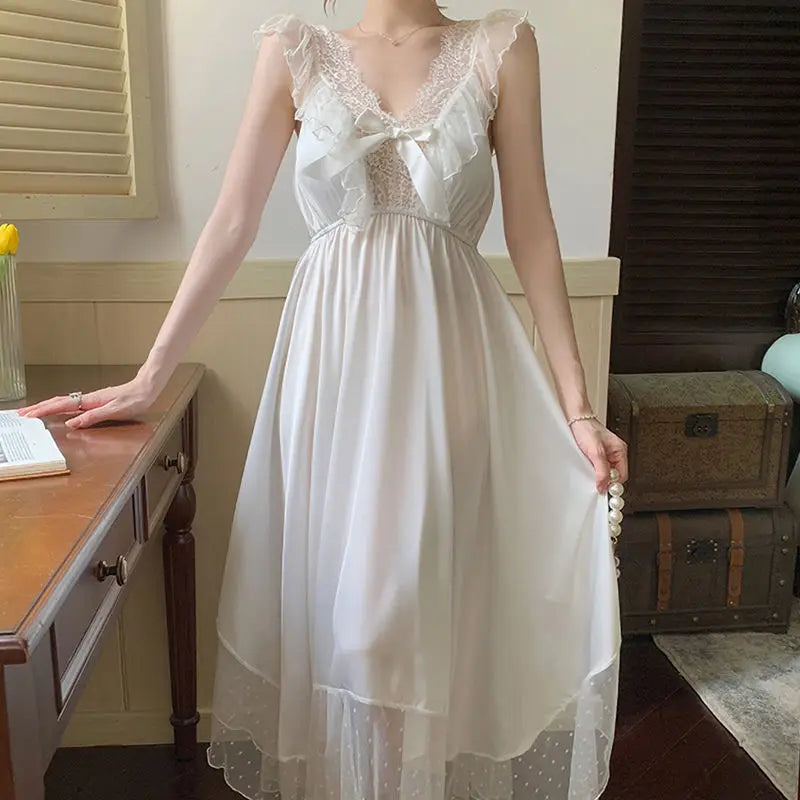 Nightgowns Women Sexy Nightwear Solid Ladies Summer Fashion Breathable Korean Style Sleepwear Basic V-neck Chic Loose Lace Cozy