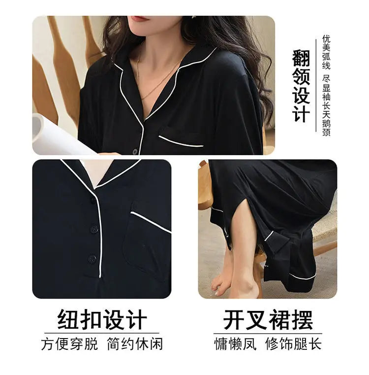 Black Nightgowns Women Autumn Sleepwear Loose Long Sleeve Ankle Length Simple Chic Female Home Cozy Ins Popular Preppy Students