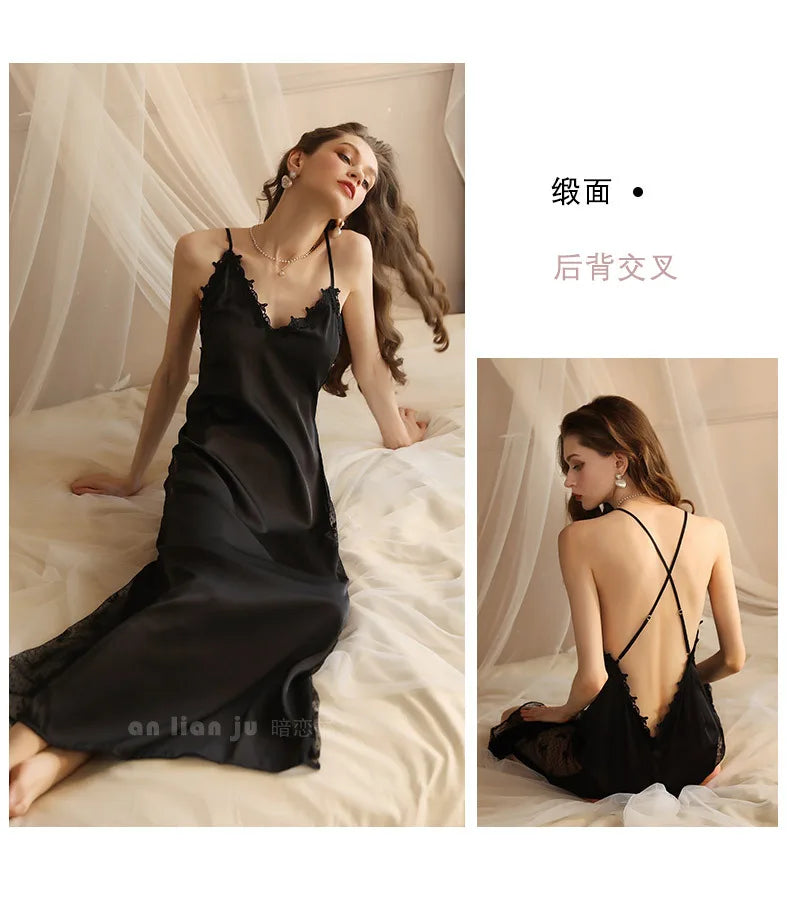 Night Gown For Women Nightie New Sexy Backless Long Nightdress Thin Silk Lace Summer Nightgowns Ladies Sleepwear Pajama Dress