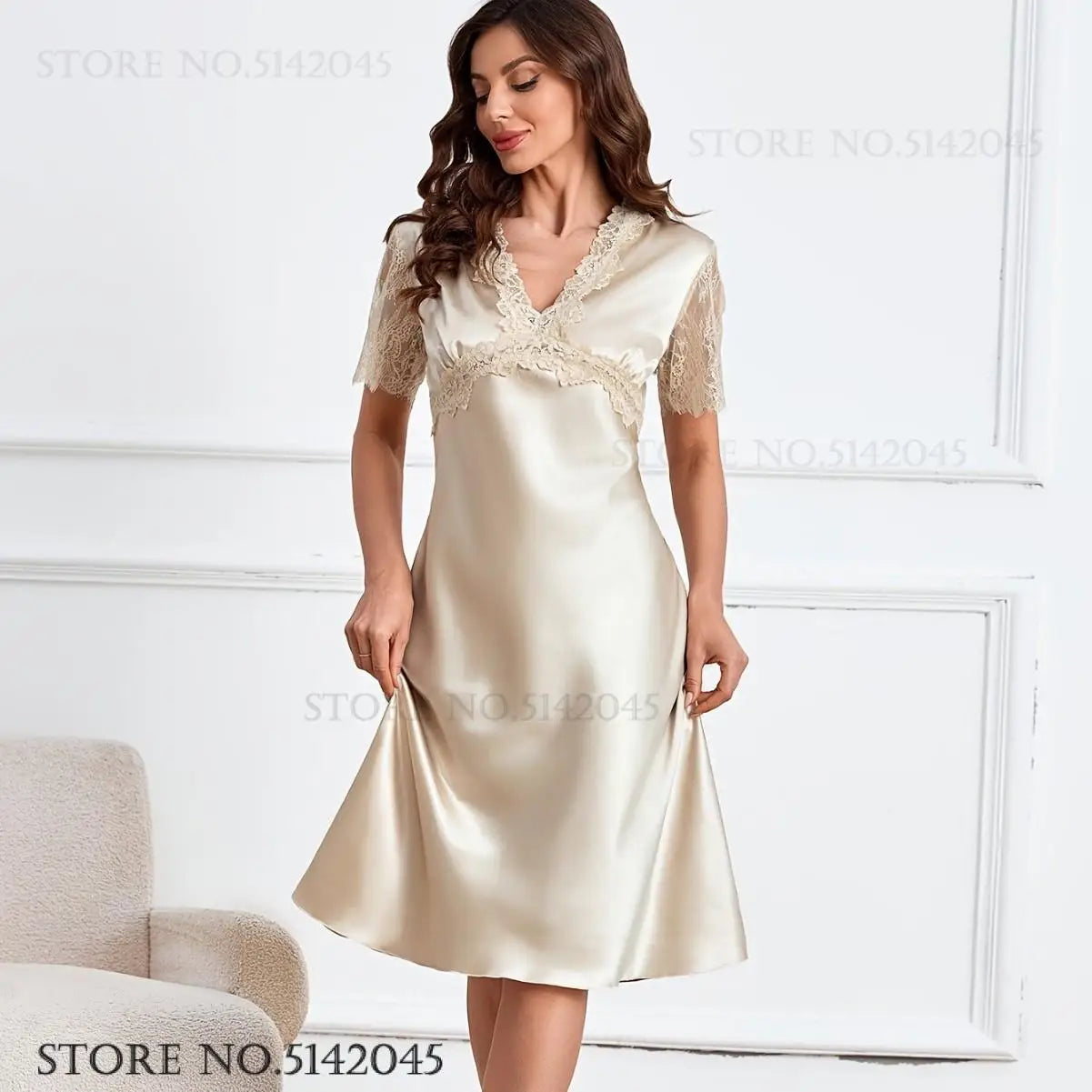 Women Nightgown Sleepwear Elegant V-Neck Lace Short Sleeve Nightdress Home Clothing Summer Silk Satin Nightwear Nightie Lingerie