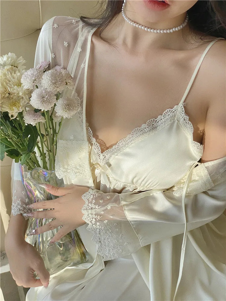 Nightgown Sleepwear Sexy Patchwork Lace Nightdress Bathrobe Gown Women Wedding Nighty&Robe Set Summer Satin Home Wear LoungeWear