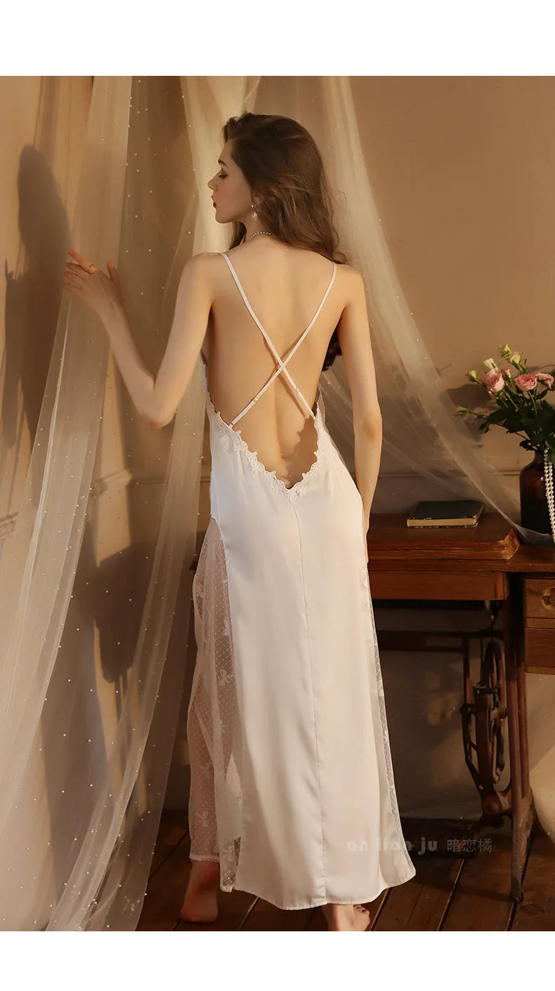 Night Gown For Women Nightie New Sexy Backless Long Nightdress Thin Silk Lace Summer Nightgowns Ladies Sleepwear Pajama Dress