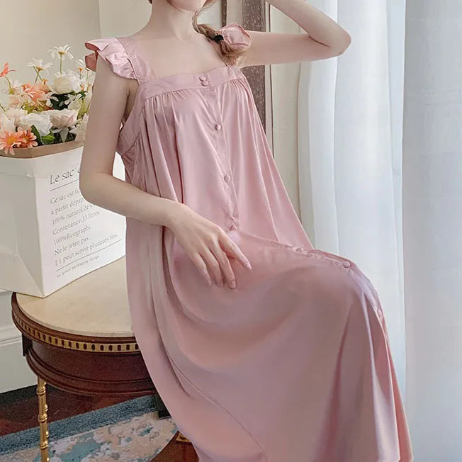 New Female Long Nightgown Sexy V-Neck Lace Trim Sleepwear Nightdress Palace Style Princess Nightwear Loose Silk Satin Home Dress