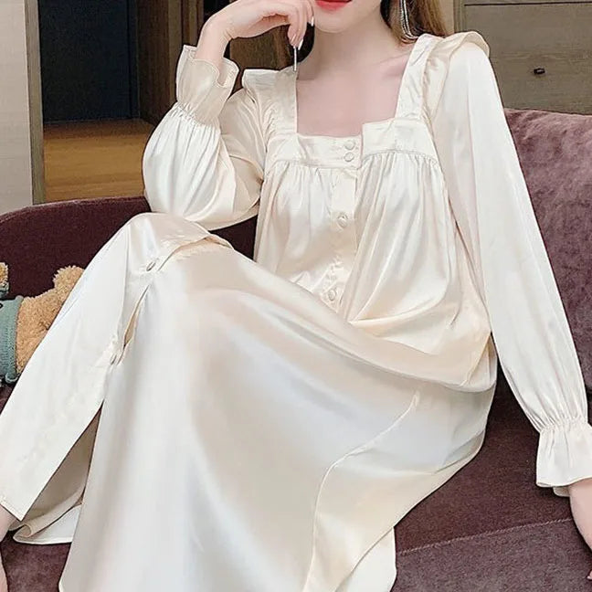 New Female Long Nightgown Sexy V-Neck Lace Trim Sleepwear Nightdress Palace Style Princess Nightwear Loose Silk Satin Home Dress
