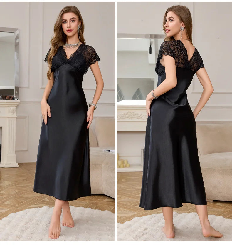 Elegant Long Nightgown Home Clothing New Female Sleepwear Nighty Sexy Perspective Lace Nightdress Satin Loungewear Lingerie