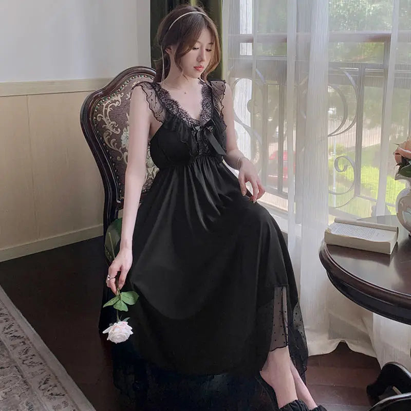 Nightgowns Women Sexy Nightwear Solid Ladies Summer Fashion Breathable Korean Style Sleepwear Basic V-neck Chic Loose Lace Cozy