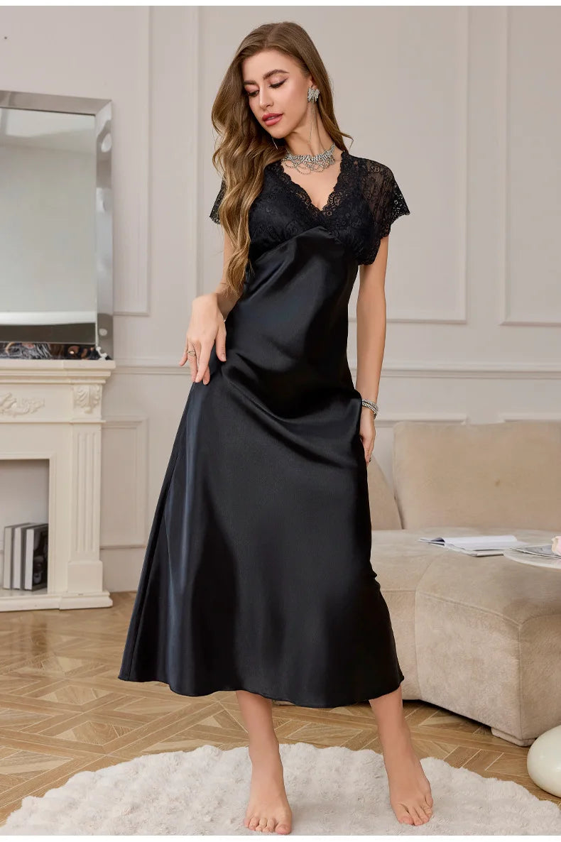 Elegant Long Nightgown Home Clothing New Female Sleepwear Nighty Sexy Perspective Lace Nightdress Satin Loungewear Lingerie