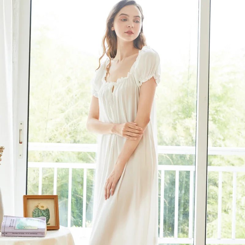 Women's Long White Pink Nightgown, Short Sleeve, Lounge Nightdress, Elegant, Vintage, Loose Sleepwear, Nightwear Gown, Summer
