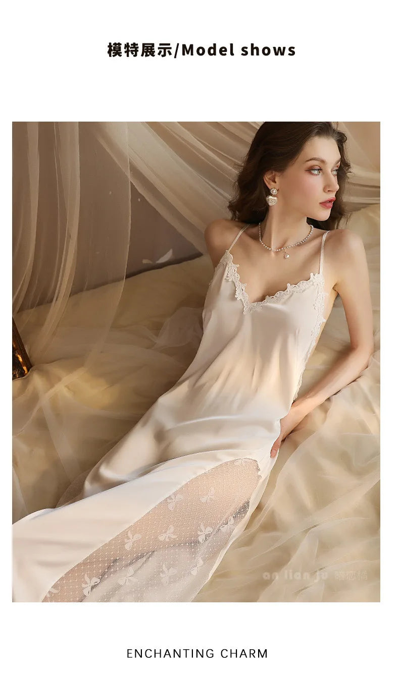 Night Gown For Women Nightie New Sexy Backless Long Nightdress Thin Silk Lace Summer Nightgowns Ladies Sleepwear Pajama Dress