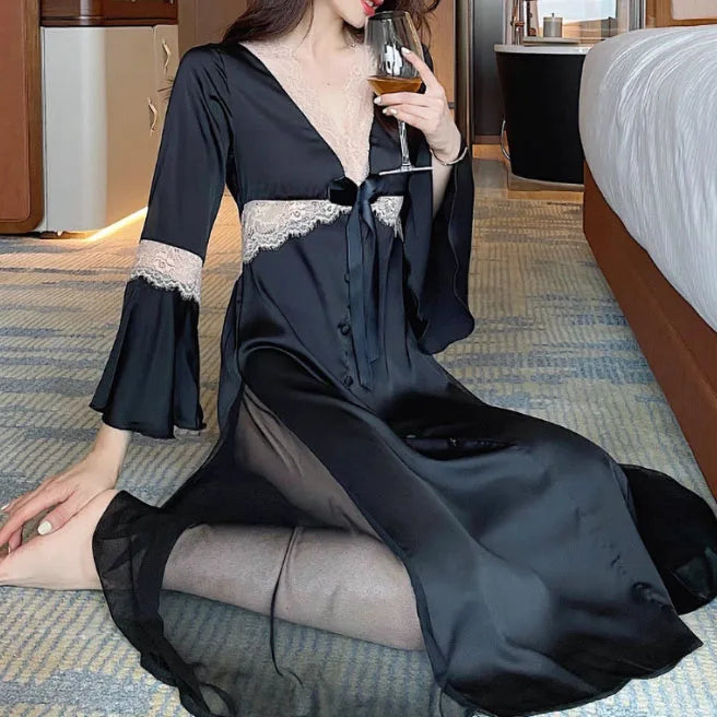 New Female Long Nightgown Sexy V-Neck Lace Trim Sleepwear Nightdress Palace Style Princess Nightwear Loose Silk Satin Home Dress