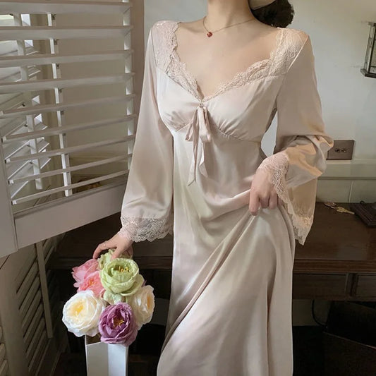 New Female Long Nightgown Sexy V-Neck Lace Trim Sleepwear Nightdress Palace Style Princess Nightwear Loose Silk Satin Home Dress