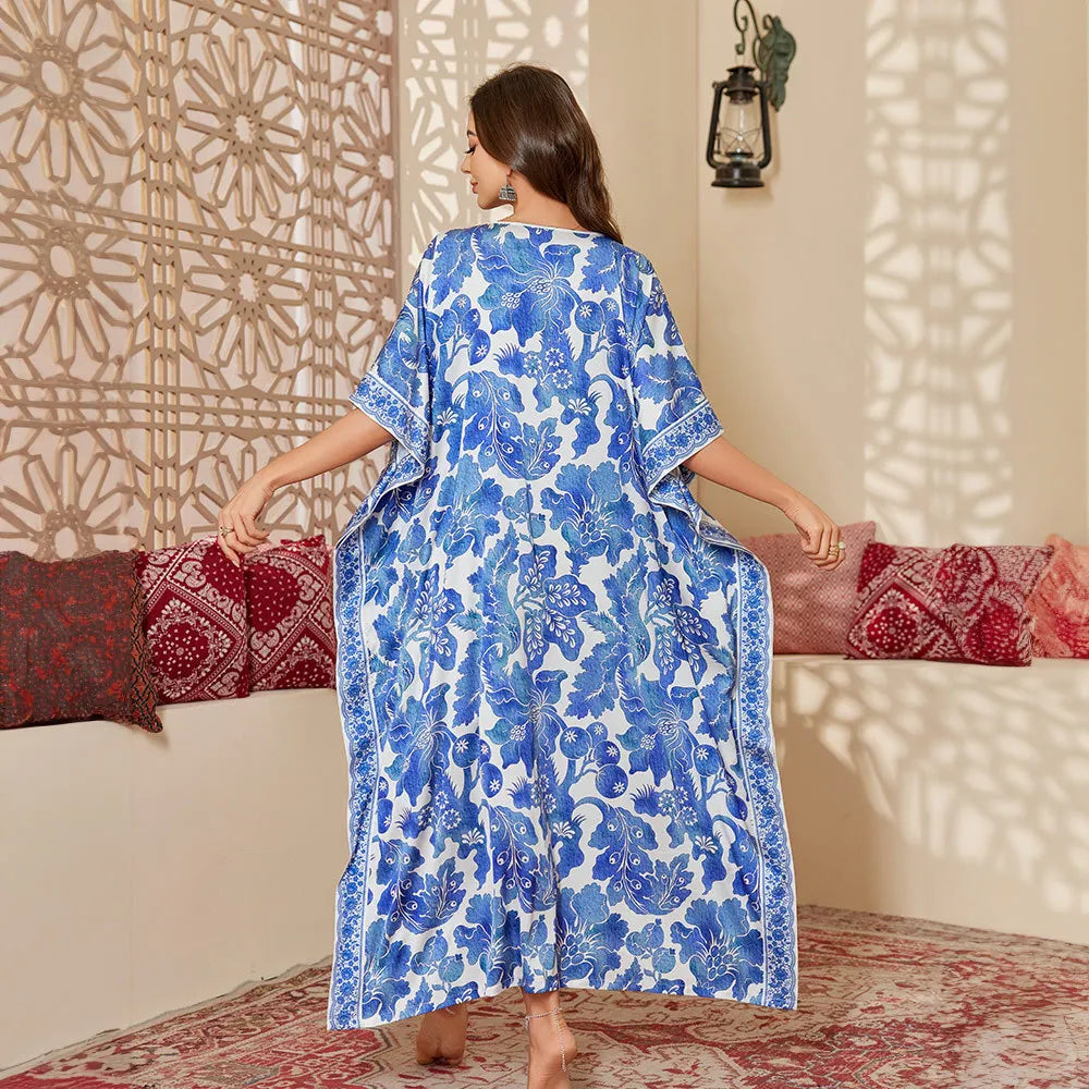 Nightgown Half Sleeve Bathrobe Homewear Women Loose Sleepwear Satin Nightwear Print Flower Loungewear Sleepshirt