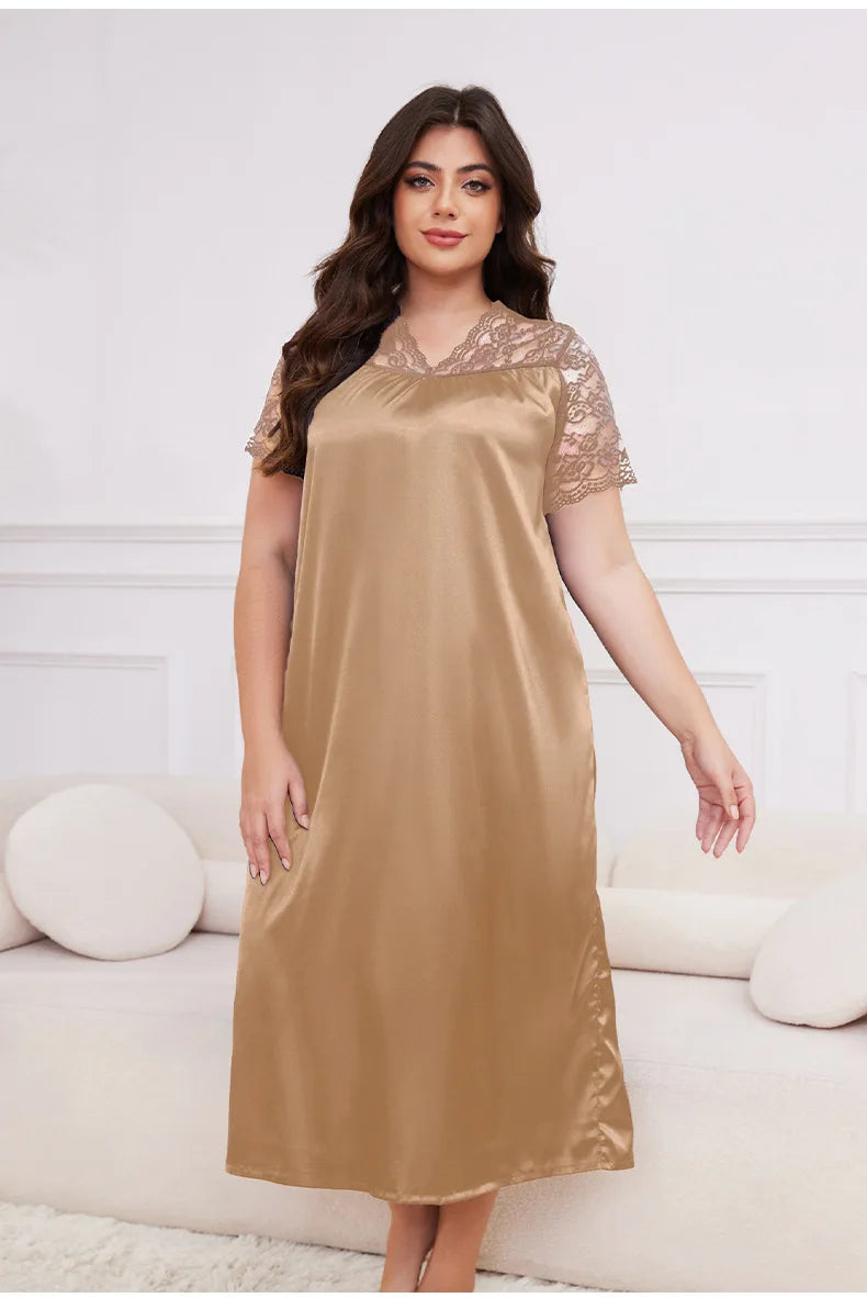 2025 New Nightgown Women Leisure Homewear Sexy Lace Splicing Sleeve Nightdress Long Sleepwear Soft Satin Loungewear Big Size 5Xl