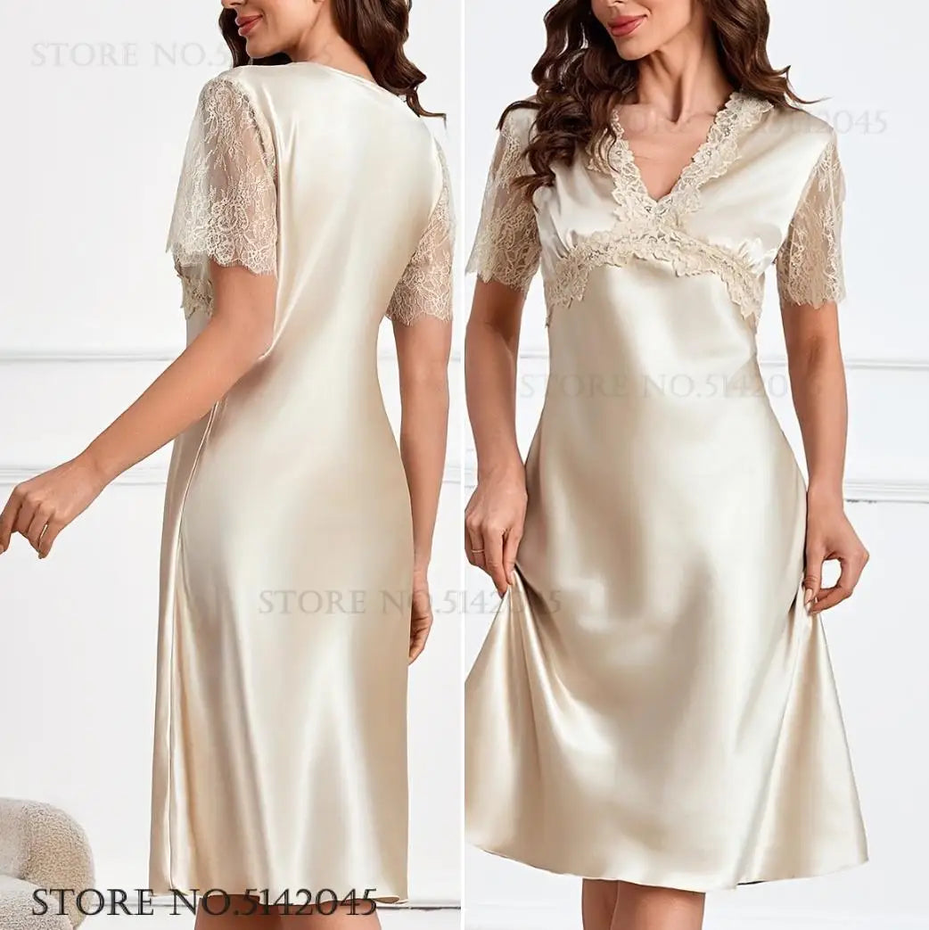 Women Nightgown Sleepwear Elegant V-Neck Lace Short Sleeve Nightdress Home Clothing Summer Silk Satin Nightwear Nightie Lingerie