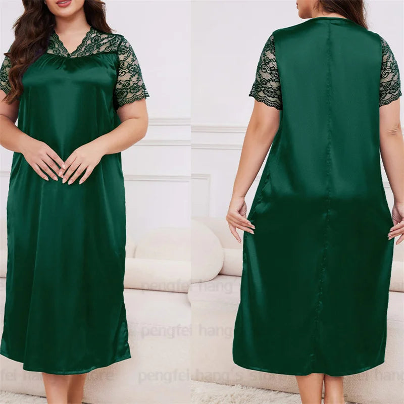 2025 New Nightgown Women Leisure Homewear Sexy Lace Splicing Sleeve Nightdress Long Sleepwear Soft Satin Loungewear Big Size 5Xl