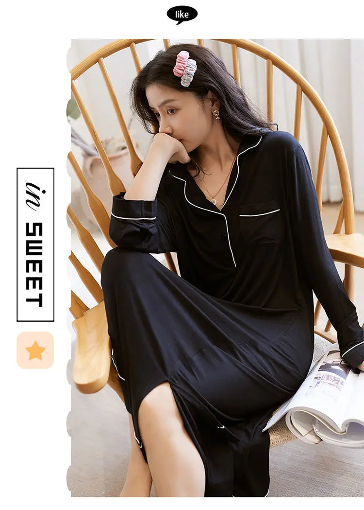 Black Nightgowns Women Autumn Sleepwear Loose Long Sleeve Ankle Length Simple Chic Female Home Cozy Ins Popular Preppy Students