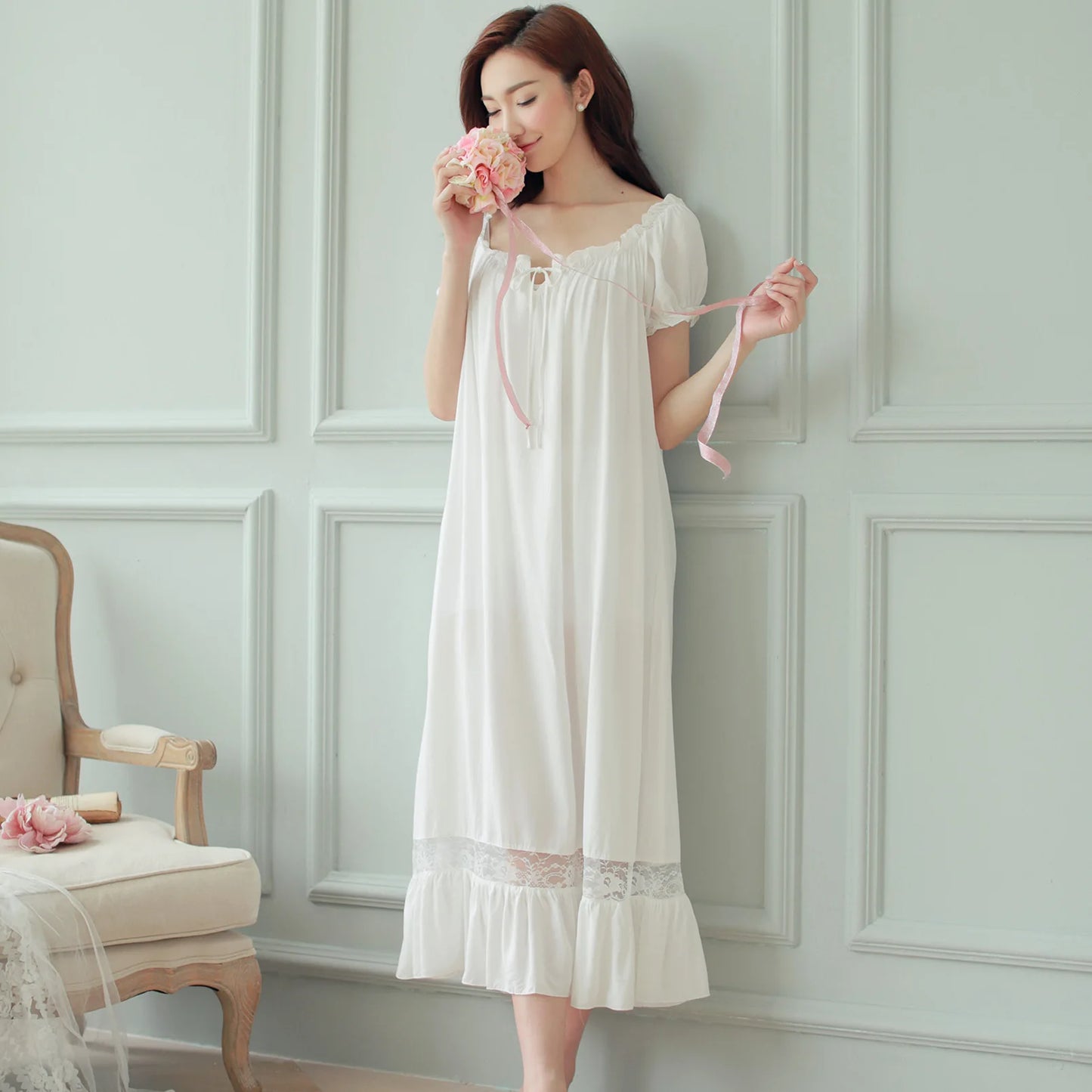 Women's Long White Pink Nightgown, Short Sleeve, Lounge Nightdress, Elegant, Vintage, Loose Sleepwear, Nightwear Gown, Summer