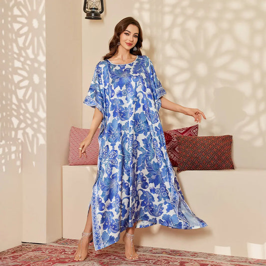 Nightgown Half Sleeve Bathrobe Homewear Women Loose Sleepwear Satin Nightwear Print Flower Loungewear Sleepshirt