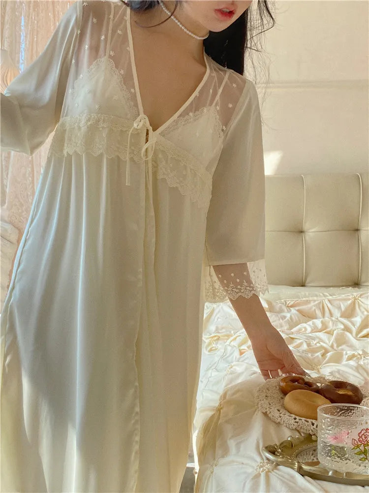 Nightgown Sleepwear Sexy Patchwork Lace Nightdress Bathrobe Gown Women Wedding Nighty&Robe Set Summer Satin Home Wear LoungeWear