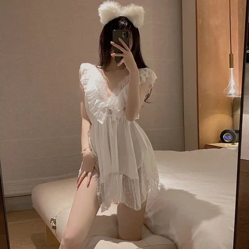 Nightgowns Women Sexy Nightwear Solid Ladies Summer Fashion Breathable Korean Style Sleepwear Basic V-neck Chic Loose Lace Cozy
