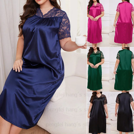 2025 New Nightgown Women Leisure Homewear Sexy Lace Splicing Sleeve Nightdress Long Sleepwear Soft Satin Loungewear Big Size 5Xl