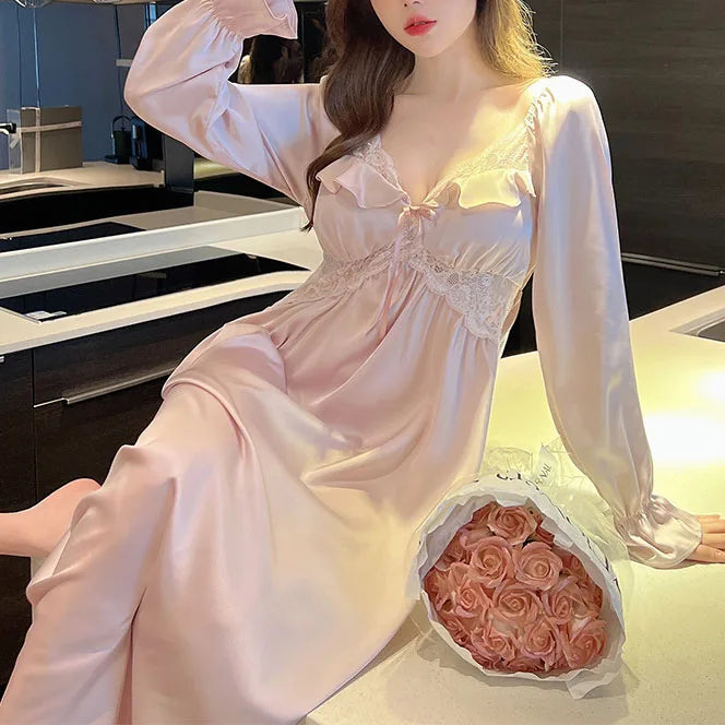New Female Long Nightgown Sexy V-Neck Lace Trim Sleepwear Nightdress Palace Style Princess Nightwear Loose Silk Satin Home Dress