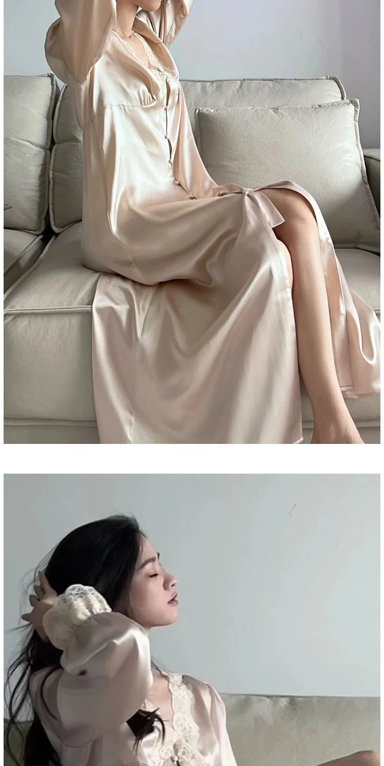 New Female Long Nightgown Sexy V-Neck Lace Trim Sleepwear Nightdress Palace Style Princess Nightwear Loose Silk Satin Home Dress