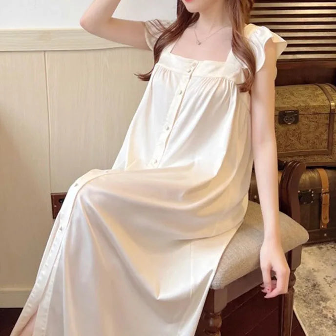 New Female Long Nightgown Sexy V-Neck Lace Trim Sleepwear Nightdress Palace Style Princess Nightwear Loose Silk Satin Home Dress