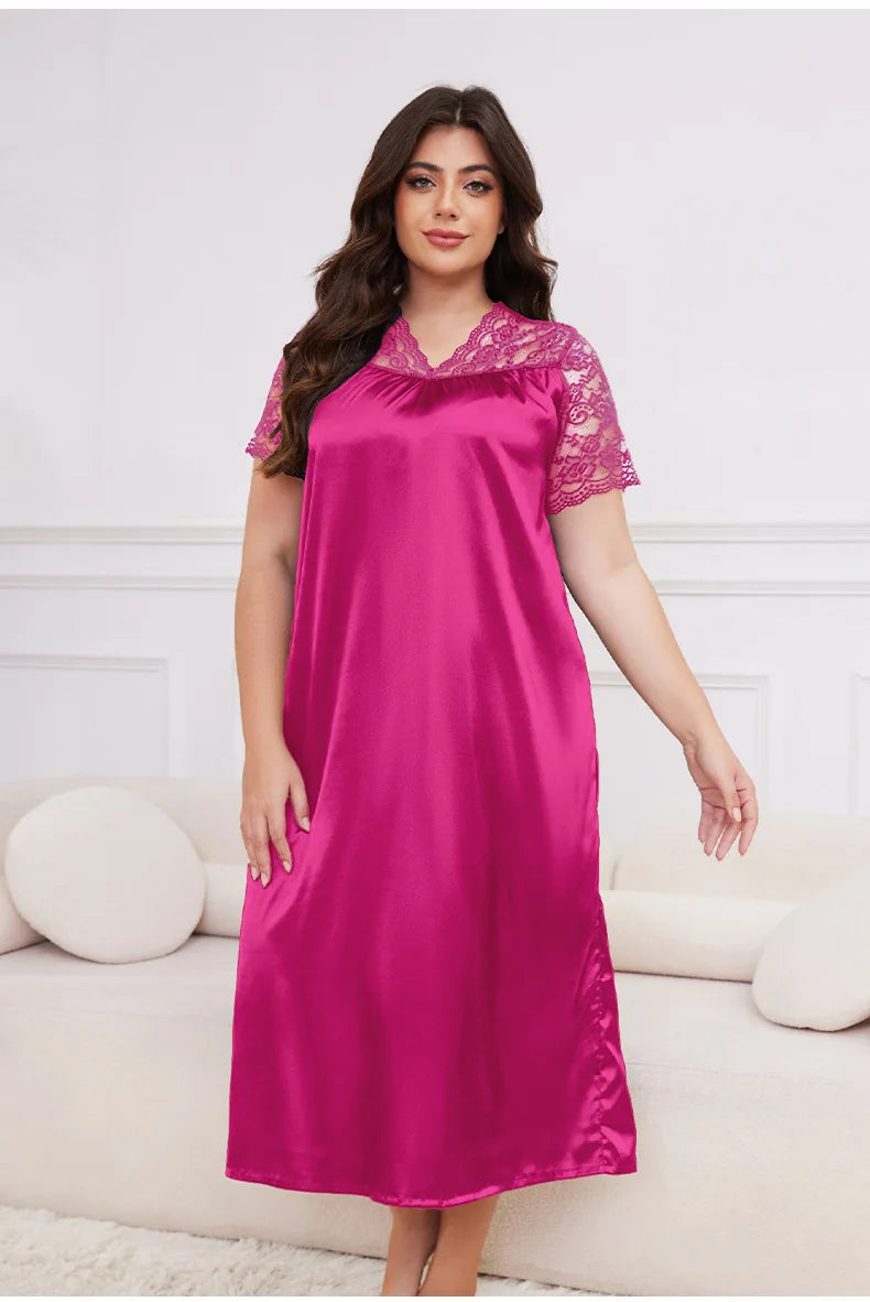 2025 New Nightgown Women Leisure Homewear Sexy Lace Splicing Sleeve Nightdress Long Sleepwear Soft Satin Loungewear Big Size 5Xl