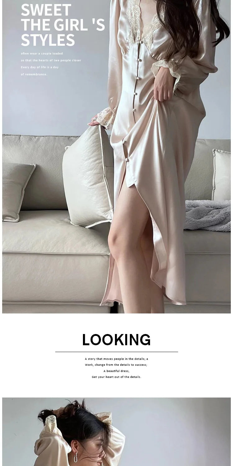 New Female Long Nightgown Sexy V-Neck Lace Trim Sleepwear Nightdress Palace Style Princess Nightwear Loose Silk Satin Home Dress