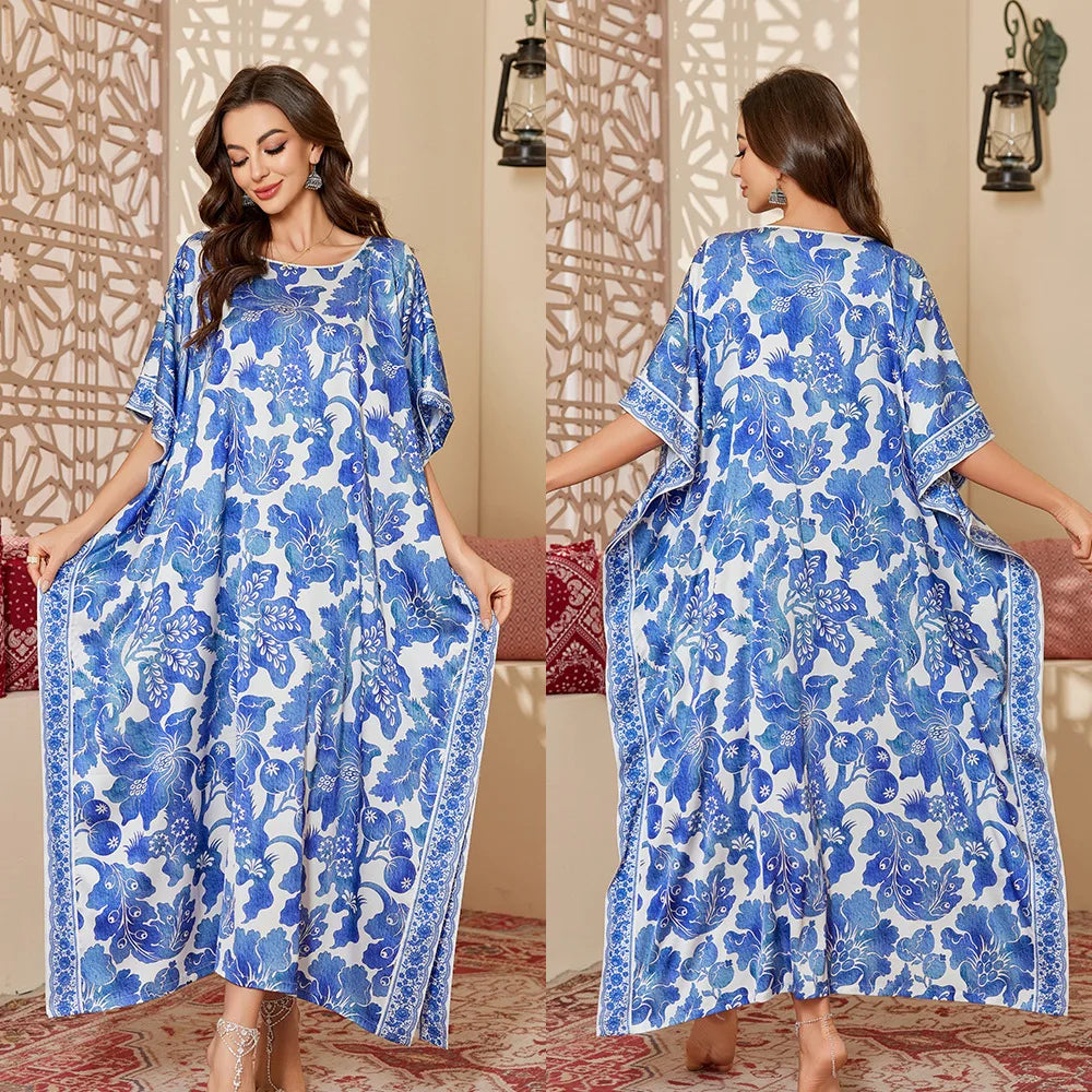 Nightgown Half Sleeve Bathrobe Homewear Women Loose Sleepwear Satin Nightwear Print Flower Loungewear Sleepshirt