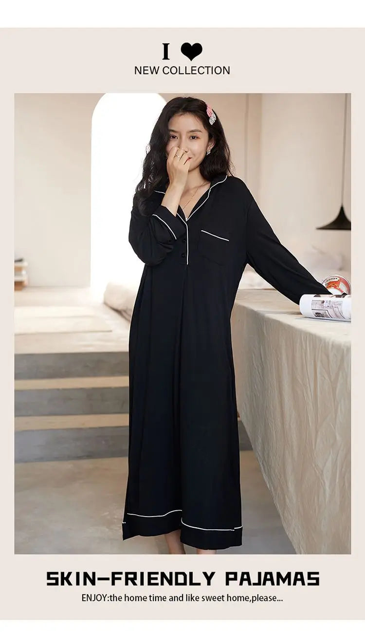Black Nightgowns Women Autumn Sleepwear Loose Long Sleeve Ankle Length Simple Chic Female Home Cozy Ins Popular Preppy Students
