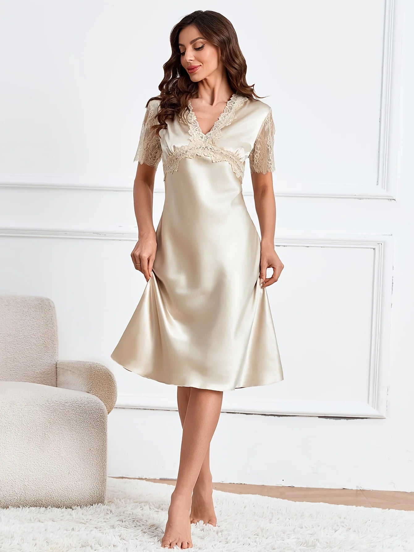 Women Nightgown Sleepwear Elegant V-Neck Lace Short Sleeve Nightdress Home Clothing Summer Silk Satin Nightwear Nightie Lingerie