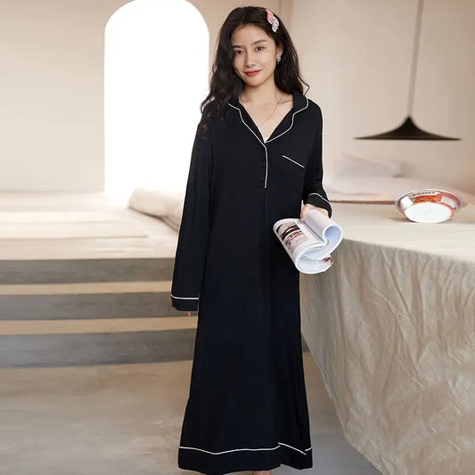 Black Nightgowns Women Autumn Sleepwear Loose Long Sleeve Ankle Length Simple Chic Female Home Cozy Ins Popular Preppy Students