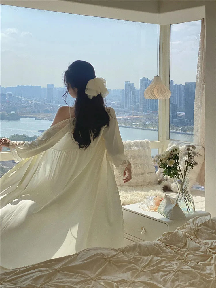 Nightgown Sleepwear Sexy Patchwork Lace Nightdress Bathrobe Gown Women Wedding Nighty&Robe Set Summer Satin Home Wear LoungeWear