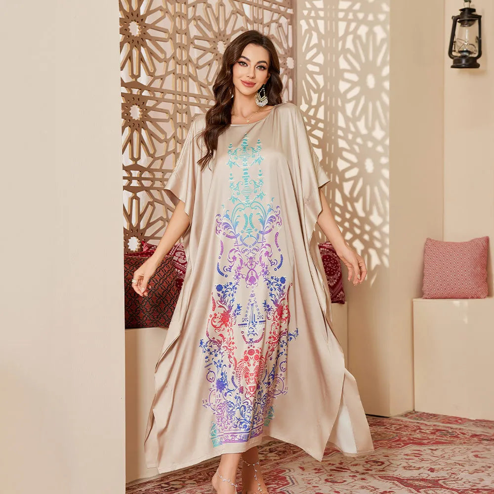 Nightgown Half Sleeve Bathrobe Homewear Women Loose Sleepwear Satin Nightwear Print Flower Loungewear Sleepshirt