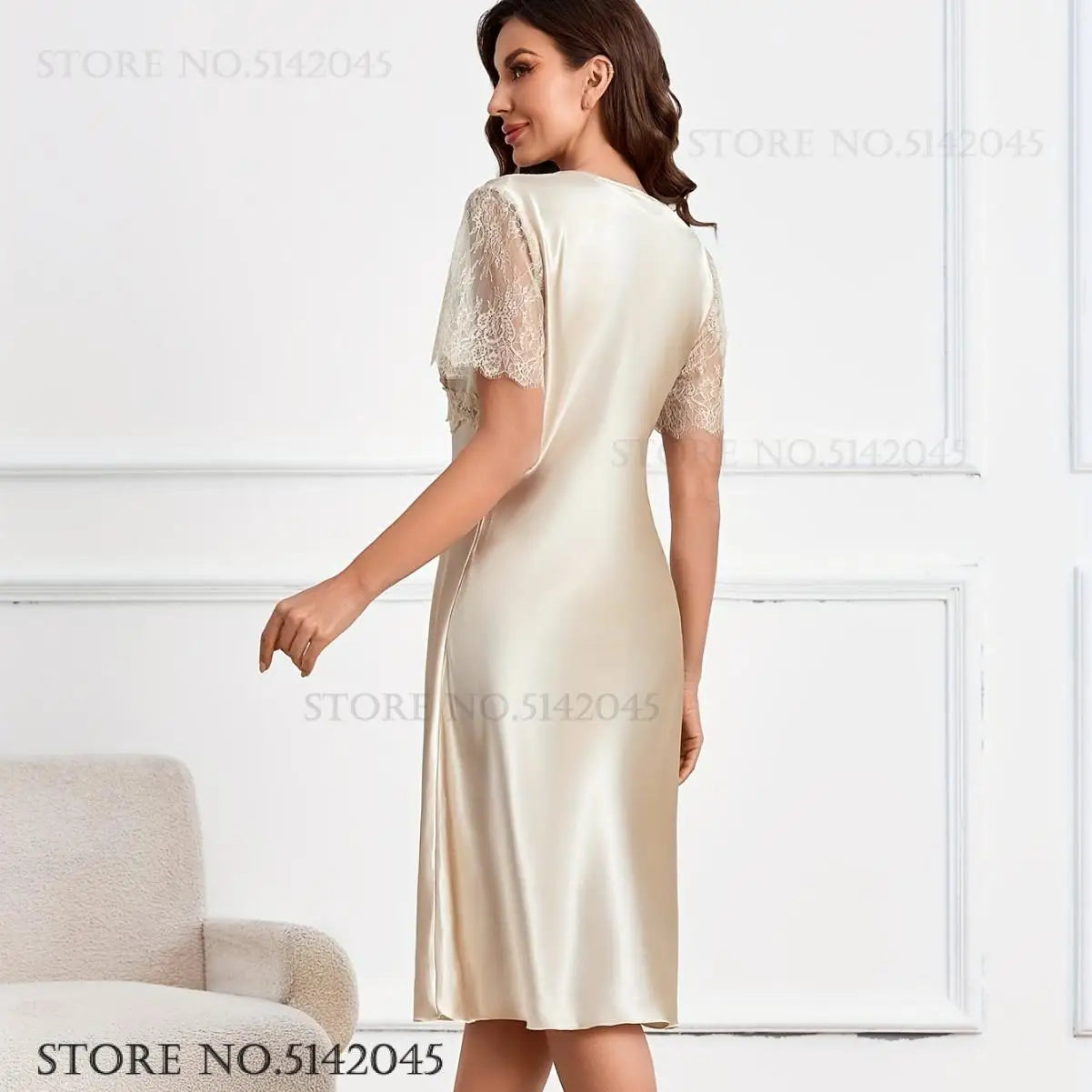 Women Nightgown Sleepwear Elegant V-Neck Lace Short Sleeve Nightdress Home Clothing Summer Silk Satin Nightwear Nightie Lingerie