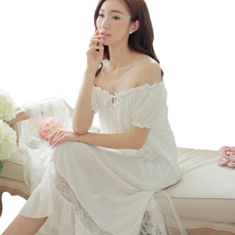 Women's Long White Pink Nightgown, Short Sleeve, Lounge Nightdress, Elegant, Vintage, Loose Sleepwear, Nightwear Gown, Summer